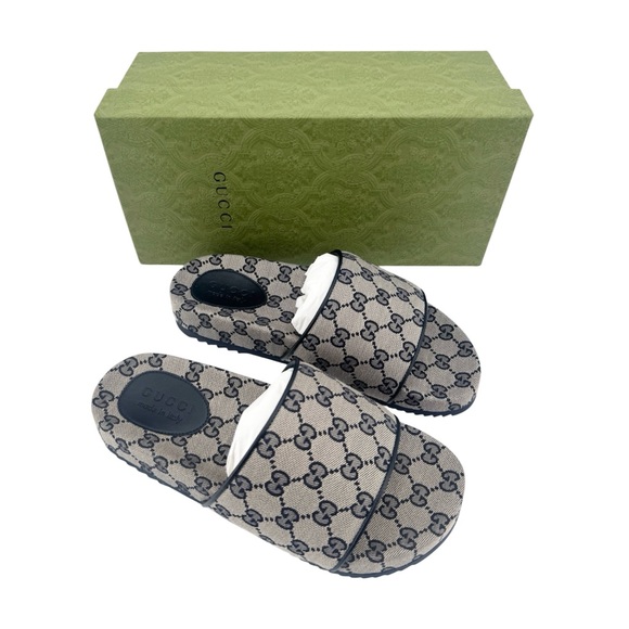Gucci New in Box GG Logo Lavaredo Canvas/ Leather Slides Sandals - Picture 1 of 15